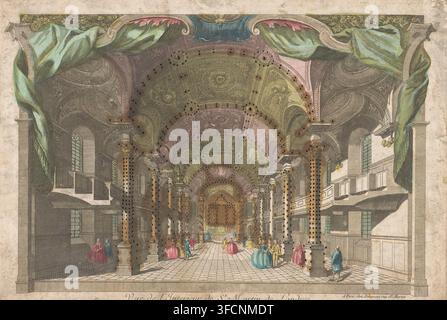 Ansicht des Inneren der Saint Martin-in-the-Fields-Kirche in London, Vuë de l'interieur de St. Martin de Londres, Druck, opticaprent, Verlag: Jean-François Daumont, Paris, Frankreich, 1745 - 1775, Jean-François Daumont, Verlag, Radierer, Farbe (Beschichtung), Karton, Papier, präpariertes Papier, Aquarell (Farbe), Deckfarbe, Radierung, Pinsel, Schneiden, Perforieren, farbig, geschnittene und perforierte Radierung auf Karton aufgeklebt, präpariertes Papier und Pinsel in Farben auf der Rückseite, Höhe 299 mm x Breite 439 mm, Kircheninneres, London, Saint Martin-in-the-Fields., Ein großer, prächtiger Innenraum mit einem Stockfoto
