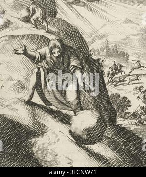 Sauer, leicht verarmt, Mann beobachtet einen großen Stein, der ihm aus den Händen glitt und den Berg hinunterrollt, Druck, Buchillustration, Drucker: Jan Luyken, Amsterdam, Verleger: Witwe Pieter Arentsz (II), 1689, Papier, Radierung, Höhe 88 mm x Breite 78 mm, Berge, Felsbrocken, Stein. Eine Schwarzweißradierung, die eine bekleidete Figur zeigt, die auf einem felsigen Hang sitzt, den Kopf gesenkt und einen Arm nach außen gestreckt hat, ihr Haar hängt über ihr Gesicht und die Stoffalten sind mit feinen Kreuzschattierungen detailliert dargestellt; hinter ihnen kontrastiert eine steile dunkle Felswand mit hellerer Erde, und höher auf dem Hang ein weiterer kleiner Stockfoto