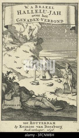 Abraham ruht und vertreibt Vögel, während er den Sternenhimmel betrachtet, Titelseite für: W. à Brakel, Halleluja oder Lob des Herrn über den Bund der Gnade und seine Verwaltung im Alten und Neuen Testament, 1696, Druck, Titelseite, Radierer: Jan Luyken, Amsterdam, Verleger: Reinier van Doesburg, Rotterdam, Papier, Radierung, Höhe 148 mm x Breite 91 mm, Abraham zählt die Sterne, Abraham vertreibt die Vögel, die auf die Kadaver herabkommen, Gottes Bund mit Abraham (Genesis 15)., Eine detaillierte schwarzweiße radierte Szene, die eine felsige Landschaft mit einer Klippe und einer stehenden Figur zeigt Stockfoto