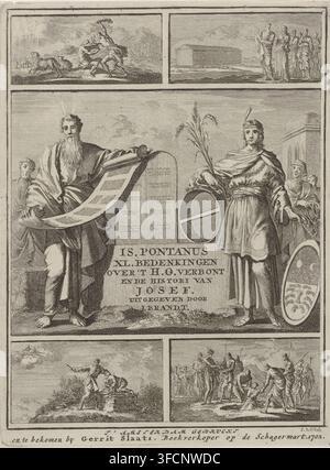 XL Reflexionen über den Heiligen Bund und die Geschichte von Josephs Leben, Titelseite für Isaak Pontanus, XL Reflexionen über verschiedene Materialien des Heiligen Bundes, endend mit der Geschichte von Josephs Leben, 1702, Mose mit der Tora und Joseph mit drei Getreideähren, Druck, Titelseite, Links Mose, der eine Schriftrolle der Tora in seinen Händen hält. Neben ihm die Steintafeln des Gesetzes. Rechts Joseph, der ein Getreidemaß und drei Getreideähren hält. Neben Joseph ein Schild mit einer Darstellung seiner Träume. Zwischen Mose und Joseph der Titel des Buches. Um das Hauptbild herum vier Szenen aus dem Alten Testament Stockfoto