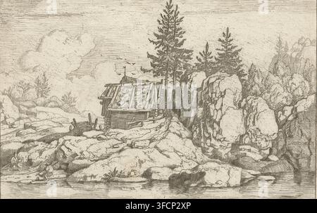 Landschaft mit vier Tannen bei einer Hütte, Zwei Kiefern neben ein paar Häusern, Druck, Felsenlandschaft mit vier Tannen neben einer Holzhütte mit Strohdach. Am Ufer im Vordergrund vier Personen und ein Ruderboot., Drucker: Allaert van Everdingen, Niederlande, 1631 - 1675, Papier, Radierung, Höhe 88 mm x Breite 133 mm, Bauernhof oder Einzelhaus in der Landschaft., Eine detaillierte Monochrom-Zeichnung einer felsigen Küstenlinie mit einem kleinen Holzgebäude, das sich zwischen Felsen und Bäumen einschmiegt, das Gebäude hat ein schräges Dach und sichtbare Baumstämme. Eine Gruppe hoher Nadelbäume erhebt sich hinter und neben dem Stockfoto