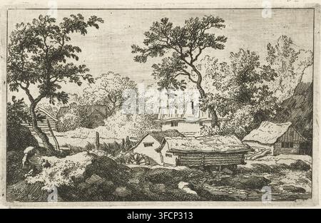 Landschaft mit Wassermühle, Druck, Ansicht mehrerer Häuser und einer Wassermühle an einem Wasserfall. Zwei Personen sitzen im Vordergrund an einem kleinen Hügel, während eine dritte etwas auf dem Rücken trägt., Druckgrafiker: Allaert van Everdingen, Niederlande, 1631 - 1675, Papier, Radierung, Höhe 101 mm x Breite 159 mm, Wassermühle in der Landschaft (+ Stadt(-bild) mit Figuren, Staffage)., Eine detaillierte Schwarzweißradierung zeigt eine ländliche Szene mit einer Gruppe von Bäumen unterschiedlicher Formen und dichtem Laub, die die Komposition umrahmen, einige mit gewundenen Stämmen und feinen Astdetails. Im Mittelgrund ein paar einfache Dächer Stockfoto