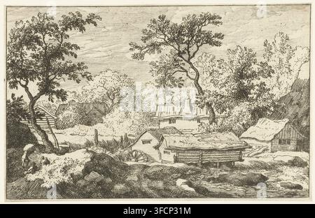 Landschaft mit Wassermühle, Druck, Ansicht mehrerer Häuser und einer Wassermühle an einem Wasserfall. Zwei Personen sitzen im Vordergrund an einem kleinen Hügel, während eine dritte etwas auf dem Rücken trägt., Druckgrafiker: Allaert van Everdingen, Niederlande, 1631 - 1675, Papier, Radierung, Höhe 98 mm x Breite 152 mm, Wassermühle in Landschaft (+ Stadt(-bild) mit Figuren, Staffage). Eine detaillierte Tintenlandschaft zeigt eine ländliche Szene mit einer Gruppe von Bäumen unterschiedlicher Größe und Form über die Komposition verteilt, ihre Äste und Blätter mit feinen Linien dargestellt. Im Mittelgrund befinden sich mehrere einfache Gebäude Stockfoto
