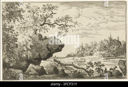 Ast im Wasser, Landschaft mit gefallenem Ast, Druck, Landschaft mit einem überhängenden Felsen im Vordergrund, auf dem ein Baum wächst. Unter dem Felsen ein gebrochener Ast, daneben zwei Ziegen. Im Hintergrund eine Kirche und ein Bauernhof., Druckgrafiker: Allaert van Everdingen, Niederlande, 1631 - 1675, Papier, Radierung, Höhe 98 mm x Breite 156 mm, Bäume., Eine detaillierte Schwarzweißradierung, die einen felsigen Vordergrund mit einem großen überhängenden Felsblock und gefallenen Ästen zeigt, umrahmt von belaubten Baumästen an den oberen und linken Rändern; hinter den Felsen führt eine flache Ebene zu einem fernen baumbedeckten Höhenzug mit Stockfoto