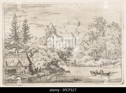 Fässer und Planken am Flussufer, Druck, Flusslandschaft mit Blick auf eine Kirche. In einem Ruderboot ziehen zwei Personen ein Fischernetz ein. Am Flussufer, in der Nähe eines Hauses, liegen einige Planken und Fässer., Graphiker: Allaert van Everdingen, Niederlande, 1631 - 1675, Papier, Radierung, Höhe 100 mm x Breite 147 mm, gewerbliche Fischerei., Eine detaillierte Tintenlandschaft, die einen Fluss im Vordergrund zeigt, mit einem kleinen Ruderboot, das zwei Figuren trägt, eine zweite Figur steht im Boot, und eine sanft gerippelte Wasseroberfläche; ein einfaches Strohdachhaus mit einem Satteldach und Fässern an seiner Seite befindet sich am nahen linken Ufer Stockfoto