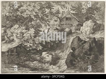 Wassermühle in der Nähe eines Wasserfalls, Druck, Blick auf einen Wasserfall mit einer Wassermühle an der Spitze. Ein Mann sitzt auf einem Baumstamm auf dem Weg entlang des Wassers., Druckgrafiker: Allaert van Everdingen, Niederlande, 1651 - 1675, Papier, Radierung, Höhe 137 mm x Breite 198 mm, Wasserfall., Eine kunstvoll detaillierte Schwarzweißradierung zeigt eine bewaldete Landschaft mit dichtem Laub und einer Gruppe großer, belaubter Bäume, die einen Großteil der oberen linken und mittleren Bildfläche einnehmen, eine rustikale Holzkonstruktion mit einem Satteldach und einem angegliederten Wasserrad, das zwischen Felsen nahe der Mitte rechts platziert ist, fließendes Wasser, das über Felsen stürzt und bildet Stockfoto