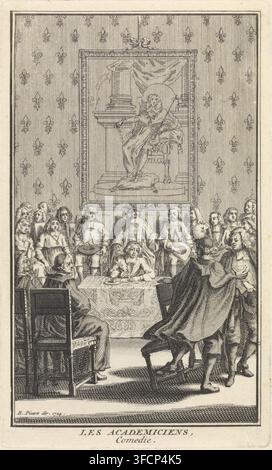 Herren um einen Tisch, Les Academiciens, Komödie, Druck, Buchillustration, Eine Gruppe von Herren hat sich in einem Hörsaal der Akademie der Wissenschaften versammelt. An der Rückwand ein Porträt des Königs., Druckgrafiker: Werkstatt von Bernard Picart, Amsterdam, 1724, Papier, Radierung, Stich, Radierung und Stich, Höhe 137 mm x Breite 81 mm, Gelehrtengesellschaft, Akademie der Wissenschaften., Eine fein detaillierte Schwarzweißradierung zeigt eine Innenszene mit einer Gruppe von Personen, die sich um einen zentralen Tisch versammelt haben, der mit einem gemusterten Tuch bedeckt ist. Mehrere sitzende Figuren blicken nach vorne hinter dem Tisch, während einige Stockfoto