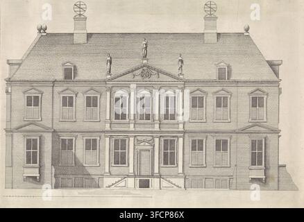 Haus von Constantijn Huygens von vorne gesehen, Druck, Haus von Constantijn Huygens, das auf dem Plein in Den Haag stand, von vorne gesehen., Stecher: Theodor Matham, Stecher: Hendrick Hondius (I), Stecher: Gillis van Scheyndel (I), nach Entwurf von Pieter Jansz. Post, Nordniederlande, 1639, Papier, Radierung, Gravur, Höhe 229 mm x Breite 331 mm, Person, Constantijn Huygens (I), städtisches Wohnhaus, Fassade (von Haus oder Gebäude), Den Haag, Plein., Eine detaillierte architektonische Darstellung einer symmetrischen Gebäudefassade in feiner Linienführung, die ein steiles Walmdach mit zwei Stockfoto