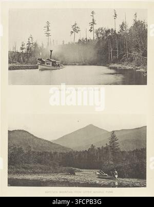 Haystack Mountain, vom Upper Ausable Pond aus, Saranac River, nahe Lower Lake, Seite, fotomechanischer Druck, Oben eine Ansicht des Saranac River, unten eine Ansicht des Haystack Mountain., Nummer: '80', Vereinigte Staaten von Amerika, ca. 1872 - bis spätestens 1882, Nordamerika, Papier, Kollotypie, Photogravüre, Höhe 250 mm x Breite 341 mm, Fluss, Berge, Adirondack Mountains., Eine vertikale Komposition aus zwei sepiafarbenen Landschaftsfotografien, die durch einen leeren Rand getrennt sind, das obere Foto zeigt einen ruhigen Fluss, der von dichten Bäumen mit hohen schlanken Stämmen und spärlichem Laubwerk gesäumt ist, ein kleines dampfbetriebenes Boot mit einem Stockfoto