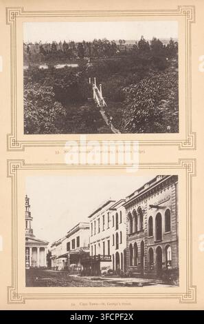 Weihnachts-Eingang nach Maritzburg (Alexandra Bridge), Kapstadt-St. George's Street, Seite, photomechanischer Druck, Inschrift: 'SA', Nummer: '53. 54.', Fotograf: Sam Alexander (möglicherweise), Südafrika, ca. 1870 - in oder vor 1880, Sam Alexander, Fotograf, Druckgrafiker, Papier, Kollotypie, Fotodruck, Höhe 290 mm x Breite 219 mm, Straße, Landschaft mit Brücke, Viadukt oder Aquädukt, Fassade (von Haus oder Gebäude), Westkap, Kapstadt., Eine vertikal ausgerichtete Seite mit zwei gerahmten Schwarz-Weiß-Fotografien, die eine über der anderen angeordnet sind, jede umgeben von dekorativen rechteckigen Bordüren mit Eck Stockfoto