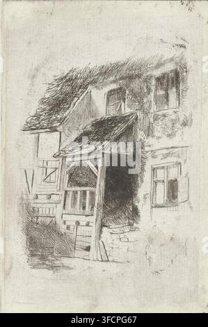 Fassade eines Hauses mit einem überdachten Eingang, Druck, Druckgrafiker: Jan Diederikus Kruseman, Niederlande, 1838 - 1918, Papier, Chine kollé, Radierung, Radierung auf Chine kollé, Probendruck, Höhe 103 mm x Breite 68 mm, Fassade (von Haus oder Gebäude). Eine Skizze einer rustikalen Gebäudefassade, die ein strukturiertes geneigtes Dach und ein kleineres überhängendes Vordach über einem Eingang zeigt, dargestellt mit dichter Kreuzschraffur und feinen Linien; ein einfaches Holztor mit vertikalen Lamellen und diagonalen Streben steht unter dem Vordach, flankiert von rauen Stein- oder Putzwänden; mehrere Fenster mit sichtbaren Rahmen und Scheiben erscheinen auf der Stockfoto