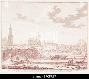 Die Zerstörung in Delft nach der Explosion des Pulvermagazins am 12. Oktober 1654, Delft von innen, nach der Zerstörung durch die Explosion des Pulverturms, im Jahr 1654, Druck, historischer Druck, Blick auf die zerstörten Straßen und Häuser in Delft nach der Explosion des Pulvermagazins am 12. Oktober 1654. Verletzte sitzen und liegen auf dem Boden. Links die Alte und die Neue Kirche., Druckgrafiker: Simon Fokke, Nordniederlande, nach einem Gemälde von Egbert Lievensz. van der Poel, Verleger: Isaak Tirion, 1754, Papier, Radierung, Radierung in Rot, Höhe Stockfoto