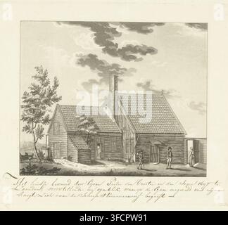 Haus des Zaren Peter in Zaandam, 1697, Druck, historischer Druck, Zar Peter schreitet mit seinem Diener vom Haus des Zaren Peter in Zaandam zum Schiffbauhof, August 1697. Mit einer handgeschriebenen Beschriftung von 3 Zeilen., Druckgrafiker: Willem van Senus (möglicherweise), Niederlande, 1783 - 1851, Papier, Aquatinta, Schrift (Verfahren), Aquatinta mit Inschrift in Braun mit Feder, Höhe 190 mm x Breite 225 mm, Person, Peter I. der Große (Zar von Russland), Besuch von Peter dem Großen in den Niederlanden (1697), Zaanstreek, Zaandam, Haus des Zaren Peter, Periode, 1697-08., Eine Graustabillustration eines Holzbaus mit Ziegeldach Stockfoto