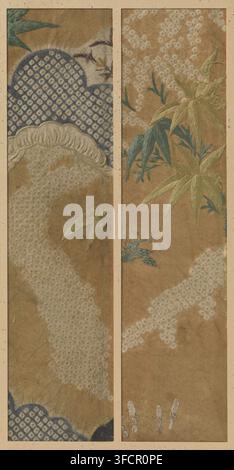 Zwei Textilfragmente, Fragment, Textilmaterialien, Textilfragmente, zwei, Stickerei, Shibori-Saum auf Damastseide., Japan, 1673 - 1681, Schule, Stil, Asiatische Kunstschule, Enpō, Seide, Höhe 30,8 cm x Breite 7,5 cm., Ein vertikales Diptychon aus zwei schmalen angrenzenden Paneelen, die von einem beigen Rahmen umgeben sind, wobei jedes Panel einen texturierten braun-goldenen Hintergrund mit bestickten botanischen und gemusterten Motiven zeigt; das linke Panel zeigt einen gekerbten dunkelblauen gemusterten Bereich mit kleinen hellen kreisförmigen Formen, ein gebogenes, geripptes cremefarbenes gesticktes Element, blasse federartige Cluster, die wolkenartige Bänder bilden, und einige längliche Stockfoto
