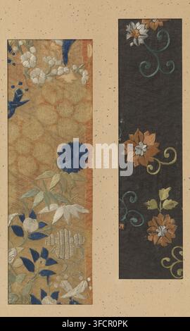 Zwei Textilfragmente, Fragment, Textilmaterialien, Textilfragmente, zwei, Stickerei auf Seide., Japan, 1648 - 1652, Schule, Stil, Asiatische Kunstschule, Keian, Seide, Höhe 23,7 cm x Breite 5,7 cm x Höhe 24 cm x Breite 7,6 cm., Ein vertikales Bild zeigt zwei schmale rechteckige Paneele vor einem gesprenkelten beigefarbenen Hintergrund; das linke Panel hat einen warmen goldbraunen strukturierten Stoff mit gestickten Blumenmotiven in Schattierungen von tiefem Blau, cremeweiß, hellgrün und gedämpftem Gold, darunter eine auffällige runde tiefblaue Blume, Gruppen kleiner weißer Blüten, längliche Blätter und gestickte Dekorationen Stockfoto