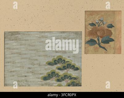 Zwei Textilfragmente, Fragment, Textilmaterialien, Textilfragmente, zwei, Stickerei von Blumen und Bäumen auf Seide., Japan, 1673 - 1681, Schule, Stil, Asiatische Kunstschule, Enpō, Seide, Höhe 9,4 cm x Breite 7,8 cm x Höhe 11,8 cm x Breite 16,7 cm., Ein beiger gesprenkelter Hintergrund umgibt zwei rechteckige Paneele, eines größer und zur unteren linken Positioniert, das eine strukturierte, gedämpfte grünliche Oberfläche mit horizontalen pinselartigen Streifen und eine Gruppe von gewellten gestickten Formen in Olivgrün und dunklem Blaugrün mit strahlenden Stichdetails zeigt, und ein kleineres Panel zur oberen rechten Positioniert, das ein Goldes zeigt Stockfoto