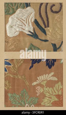 Zwei Textilfragmente, Fragment, Textilmaterialien, Textilfragmente, zwei, Dekoration von Blumen und Blättern auf einem rötlich-braunen Hintergrund., Japan, 1764 - 1772, Schule, Stil, Asiatische Kunstschule, Meiwa, Seide, Höhe 12 cm x Breite 14 cm., Ein vertikales Bild, das zwei rechteckige Stoffproben zeigt, die auf einem beigefarbenen gesprenkelten Untergrund montiert sind, jede Probe von einem schmalen Rand eingerahmt. Der obere Stoff hat einen bräunlichen Hintergrund mit bestickten botanischen Motiven in satinartigen Fäden, darunter eine große weiße Blütenform mit texturierten Stichmustern, dunkelblaugrüne Stängel und Blätter, olivgrüne Blätter und Abschnitte von Stockfoto