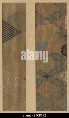 Zwei Textilfragmente, Fragment, Textilmaterialien, Textilfragmente, zwei, Stickerei auf brauner Seide., Japan, 1655 - 1658, Schule, Stil, Asiatische Kunstschule, Meireki, Seide, Höhe 28,4 cm x Breite 8,2 cm., Zwei schmale vertikale Stoffpaneele sind auf einem gesprenkelten beigen Untergrund montiert. Das linke Panel weist ein sich wiederholendes Schrägstrich- und Rautenmuster auf, das in gedämpften hellbraunen und olivfarbenen Fäden gewebt ist, mit einem Anteil an dunkleren Marine- und tiefblauen Diagonalstreifen nahe dem oberen Rand. Das rechte Panel zeigt ein komplexeres gewebtes Design auf einem warmen braunen Grund mit stilisierten Blumenmotiven, abgerundeten Blütenblattformen und geometrischen eckigen Bändern Stockfoto