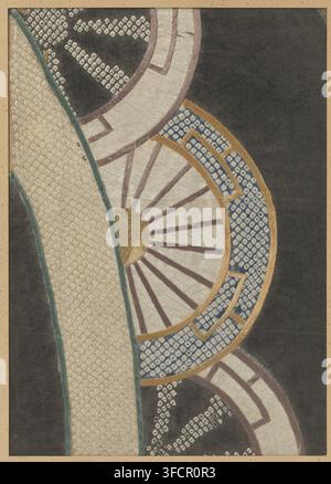 Zwei Textilfragmente, Fragment, Textilmaterialien, Textilfragmente, zwei, Stickerei und Shibori auf schwarzem Seidendamast., Japan, 1688 - 1703, Schule, Stil, Asiatische Kunstschule, Genroku, Seide, Höhe 29 cm x Breite 20,5 cm., Eine Nahaufnahme eines Textils oder bestickten Stoffes, der geschwungene, sich überlappende fächerartige Formen und bandartige Abschnitte in gedämpften Farben vor dunklem Hintergrund zeigt, mit sichtbarer Stichtextur und erhabener Fadenarbeit; ein geschwungener Band hat eine blasse, leicht glänzende cremefarbene Oberfläche mit ausstrahlenden dunkleren Stichlinien, die auf ein kleines halbkreisförmiges goldenes Stickereielement treffen, benachbarte Bänder zeigen Stockfoto