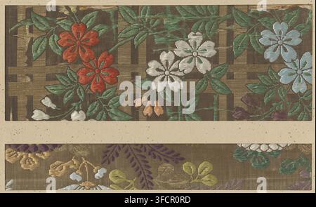 Zwei Textilfragmente, Fragment, Textilmaterialien, Textilfragmente, zwei, Stickerei von Blumen und Blättern mit Kirikane auf braunem Hintergrund., Japan, 1751 - 1764, Schule, Stil, Asiatische Kunstschule, Hōreki, Seide, Höhe 11 cm x Breite 29,2 cm x Höhe 4,4 cm., Ein rechteckiges Textilmuster mit einem dunkelbraunen gewebten Hintergrund und einem Raster aus metallischen Goldbändern zeigt gestickte Blumenmotive in hellen Farben; ein Band zeigt große rote Blüten mit grünen Blättern, blassweiße Blumen mit grünen Mittelpunkten und hellblaue Blumen, alle verbunden durch grüne Stängel und kleine Knospen in Pfirsich und Lila, mit einigen Stockfoto