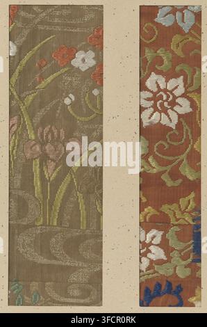 Zwei Textilfragmente, Fragment, Textilmaterialien, Textilfragmente, zwei, Stickerei und Kirikane auf Goldfaden von Blumen und Pflanzen., Japan, 1736 - 1740, Schule, Stil, Asiatische Kunstschule, Genbun, Metall, Gold (Metall), Edelmetall, anorganisches Material, Seide, Goldfaden, Höhe 25,1 cm x Breite 5,1 cm x Breite 7,9 cm., Zwei schmale vertikale Stoffpaneele sind nebeneinander gegen einen gesprenkelten beigen Hintergrund dargestellt. Das linke Panel hat eine olivbraune Basis mit gewebten metallischen Highlights und bestickten Blumenmotiven in gedämpften Grüntönen, staubigen Rosatönen, Korallen und Cremeweiß, mit geschwungenen Blättern und Stängeln Stockfoto