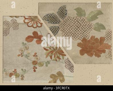 Zwei Textilfragmente, Fragment, Textilmaterialien, Textilfragmente, zwei, Stickerei und Druck von Blumen auf dunklem und hellem beigem Hintergrund., Japan, 1711 - 1716, Schule, Stil, Asiatische Kunstschule, Shōtoku, Seide., Ein texturierter Stoffhintergrund, eingerahmt von einem gesprenkelten beigen Rand, enthält bestickte Blumenmotive in gedämpften Erdtönen, zeigt abgerundete Blütenblätter in Rost- und Ockertönen, gebuchtte gruppierte Formen mit einer Gitterfüllung in hellbraun, stilisierte Blätter in blassem Grün, kleine gänseblümchenartige Blüten mit goldenen Mittelpunkten und stacheligen Blütenblättern sowie zarte Stängel und Knospen, die die Elemente verbinden, mit Abschnitten Stockfoto