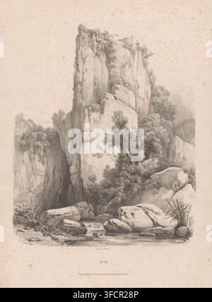 Bergbach mit aufragendem Felsen, Druck, Seriennummer, 21, Drucker: Louis-Julien Jacottet, Drucker (Person): François Jean Villain, Paris, Verlag: Veith & Hauser, ca. 1836 - ca. 1838, Drucker (Person), Papier, Lithografie, Höhe 420 mm x Breite 289 mm, Bach, Felsformationen., Eine detaillierte Bleistift- oder Tintenzeichnung einer felsigen Klippenwand, die steil aus einem Bach aufragt, mit großen vertikalen Felswänden, gezackten Vorsprüngen und Gruppen von Bäumen und Sträuchern, die in Spalten und am Fuße wachsen, abgerundete Felsbrocken und kleinere Steine, die nahe dem Wasserrand verstreut sind, plätscherndes Wasser, das die nahen Felsen reflektiert, Stockfoto