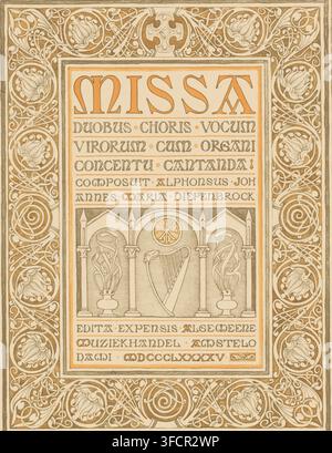 Titelseite der Missa von Alphons Diepenbrock, Druck, Titelseite, Ein rechteckiger Rahmen, verziert mit floralen und pflanzlichen Motiven. Innerhalb des Rahmens ein Querschnitt eines Kirchengebäudes, der eine Harfe, zwei Weihrauchfässer und das Christusmonogramm enthält., Druckgrafiker: Antoon Derkinderen, 1895, Papier, Farblithographie, Höhe 414 mm x Breite 295 mm, kaiserlicher Standard mit dem Christusmonogramm IHS., Eine rechteckige dekorative Seite mit einem kunstvollen floralen und verflochtenen Rand in gedämpftem Gold und Beige umgibt ein zentrales Feld; große stilisierte Buchstaben in einem warmen Orange füllen die Oberseite des Feldes, gefolgt von mehreren ho Stockfoto
