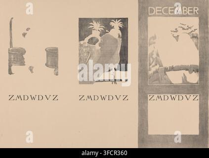 Kalenderseiten für August, November und Dezember mit Vögeln, Druck, Kalenderseite, Druckgrafiker: Theo van Hoytema, 1901, Papier, Lithografie, Probendruck, Höhe 480 mm x Breite 642 mm, Vögel, Kalender, Almanach., Ein sepiafarbenes Papier mit drei rechteckigen Skizzen, die horizontal ausgerichtet sind, die linke zeigt fragmentierte dunkle schattierte Formen, die Teilprofile und zylindrische Formen ähneln, die Mitte enthält ein dunkleres gerahmtes Rechteck mit zwei vogelähnlichen Figuren, die sitzen, und Federtexturen, und das rechte gerahmte Panel zeigt leichtere abstrakte Formen mit einem vertikalen Rand und einem Bereich von Stockfoto