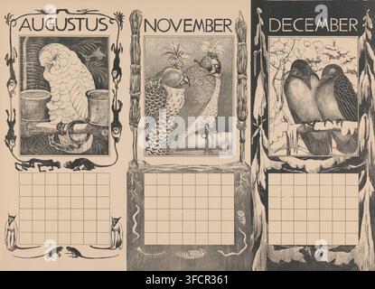 Kalenderseiten für August, November und Dezember mit Vögeln, Druck, Kalenderseite, Druckgrafiker: Theo van Hoytema, 1901, Papier, Lithografie, Probendruck, Höhe 480 mm x Breite 641 mm, Vögel, Kalender, Almanach., Ein Triptychon-artiges Kalenderlayout mit drei gerahmten Vogelillustrationen oben und leeren Rasterblöcken darunter, jedes gerahmte Panel zeigt eine andere Szene: Das linke Panel enthält einen großen weißen Kakadu, der auf einem Ast zwischen zwei zylindrischen Sitzstangen sitzt, mit Laub im Hintergrund und dekorativen kleinen affenartigen Figuren, die an der vertikalen Bordüre klettern; das mittlere Panel zeigt zwei Stockfoto