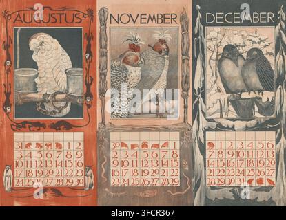 Kalenderblätter für August, November und Dezember mit Vögeln, Druck, Kalenderblatt, Graphiker: Theo van Hoytema, 1901, Papier, Lithographie, Druck in Rot und Schwarz, Probendruck, Höhe 488 mm x Breite 692 mm, Vögel, Kalender, Almanach., Drei angrenzende vertikale Paneele enthalten jeweils eine gerahmte Vogelillustration über einem Raster aus Quadraten; das linke Panel zeigt einen weißen flauschigen Papagei, der auf einer Holzleiste sitzt, mit zwei runden Behältern in der Nähe und dekorativen dunklen länglichen Figuren entlang der Seiten, das mittlere Panel zeigt zwei falkenähnliche Vögel mit kleinen verzierten Kopfschmuck, die auf einer Stange stehen mit Stockfoto