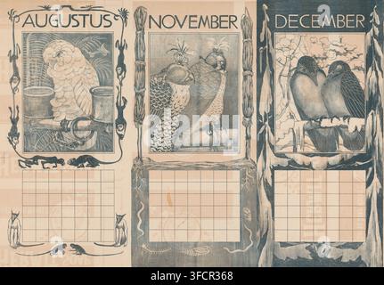 Kalenderseiten für August, November und Dezember mit Vögeln, Druck, Kalenderseite, Druckgrafiker: Theo van Hoytema, 1901, Papier, Lithografie, Druck in Blau, Proof, Höhe 488 mm x Breite 705 mm, Vögel, Kalender, Almanach., Eine breite rechteckige gedruckte Seite, die in drei vertikale Paneele unterteilt ist, jedes oben von einer gerahmten Illustration von Vögeln auf Ästen umgeben von dekorativen Bordüren gekrönt; das linke Panel zeigt einen flauschigen Vogel mit geschichteten Federn, der zwischen zwei zylindrischen Behältern auf einem horizontalen Ast sitzt, mit vertikalen rankartigen Bordürelementen und kleinen affenähnlichen Figuren; die Mitte Stockfoto
