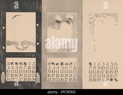 Kalenderseiten für August, November und Dezember mit Vögeln, Druck, Kalenderseite, Druckgrafiker: Theo van Hoytema, 1901, Papier, Lithografie, Probendruck, Höhe 479 mm x Breite 639 mm, Vögel, Kalender, Almanach., Drei vertikale Paneele stehen nebeneinander, jedes enthält ein gerahmtes Bild über einem Zahlenraster; das linke Rahmen zeigt ein blasses rechteckiges Blatt, das von einem dunklen, texturierten Hintergrund mit einer Halbmondform nahe der Spitze und einem horizontalen Balken mit einem kreisförmigen Ring und einer kurzen Kette nahe der Mitte umgeben ist, das mittlere Rahmen zeigt ein leicht schattiertes Bild einer drapierten Form mit zwei stilisierten Blumen Stockfoto
