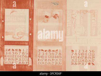 Kalenderseiten für August, November und Dezember mit Vögeln, Druck, Kalenderseite, Grafiker: Theo van Hoytema, 1901, Papier, Lithografie, Druck in Rot, Proof, Höhe 520 mm x Breite 710 mm, Vögel, Kalender, Almanach., Ein verblasstes, zweifarbig gedrucktes Blatt mit einem vertikalen Triptychonlayout, jedes Feld von rechteckigen Rahmen umgeben und in einem gedämpften Rotorange auf beigem Hintergrund gedruckt; das linke Feld zeigt einen dunklen vertikalen Streifen mit hellen rechteckigen Fensterformen, eine schwache kreisförmige kettenartige Illustration und Tiersilhouetten entlang des unteren Randes sowie kleine unregelmäßige weiße Flecken auf dem Dunklen Stockfoto