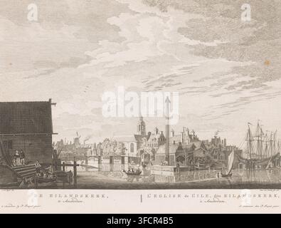 Die Eilandskerk in Amsterdam, L'Eglise de L'Ile, dite Eilandskerk, à Amsterdam, Ansicht der Eilandskerk in Amsterdam, Druck, Druckgrafiker: Paulus van Liender, nach Zeichnung von Jan de Beijer, Verleger: Pierre Fouquet, Amsterdam, 1761, Papier, Radierung, Höhe 301 mm x Breite 401 mm., Eine detaillierte Radierung zeigt eine Ufer Szene mit Booten und Schiffen, die entlang eines Kais festgemacht sind, Ruderboote und kleine Segelboote auf dem Wasser und größere Mastschiffe mit Takelage rechts. Gebäude mit steilen Dächern und Schornsteinen säumen das Ufer, darunter eine Kirche mit einem Turm und einer Kuppel in der Nähe der Mitte. Ein hölzerner Stockfoto