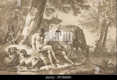 Merkur und Argus, Druck, Merkur und Argus mit Rindern an einem Bach. Argus ist eingeschlafen. Der Druck liegt lose in einem Album, siehe Seite 132., Druckgrafiker: Cornelis Brouwer, nach Zeichnung von Adriaen van de Velde, Verleger: Cornelis Sebille Roos (Verleger), Amsterdam, 1741 - 1803, Papier, Druckzeichnung, Radierung, Perforation, Radierung und Perforation, Höhe 163 mm x Breite 248 mm, Merkur wiegt Argus durch Musik in den Schlaf, Merkur enthauptet Argus., Eine sepiafarbene Szene zeigt zwei teilweise bekleidete Männer, die unter Bäumen auf dem Boden sitzen, einer älter mit Bart, der nach unten schaut, und der andere Stockfoto
