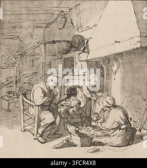 Bauernfamilie am Kamin, Druck, Interieur mit einer Familie um den Kamin. Eine Mutter stillt ihr Baby. Der Druck liegt lose in einem Album, siehe Seite 59., Druckgrafiker: Cornelis Ploos van Amstel, Amsterdam, nach Zeichnung von Adriaen van Ostade, 1767, Papier, Druckzeichnung, Radierung, Roulette, Radierung und Roulette, Probendruck, Höhe 239 mm x Breite 225 mm, Wohnraum des Hauses, Familienleben zu Hause, offener Kamin, Feuerstelle., Eine Monochrom-Skizze zeigt ein beengtes Interieur mit einer Gruppe sitzender Figuren, die sich um niedrige Körbe und Tücher drängen; ein älterer Mann sitzt auf einem einfachen Holzstuhl mit einem Stockfoto