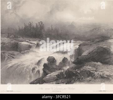 Bergbach in den Hautes-Alpes, Torrent des Hautes-Alpes, Verschiedene Landschaften von A. Calame, Sites variés de paysages par Calame, Druck, Drucker: Alexandre Calame, Drucker (Person): François Louis Cattier, Paris, Verleger: François Delarue, Verleger: Gambart, Junin & Co., E., London, 1842 - 1863, Drucker (Person), Papier, Tonlithografie, Höhe 401 mm x Breite 517 mm, Bach, Berge, Provence-Alpes-Côte d'Azur, Hautes-Alpes. Eine Graustufenlandschaft zeigt eine felsige Flussszene mit turbulentem Wasser, das über und zwischen großen gezackten Felsbrocken rauscht und schaumige Kaskaden und Spritzer erzeugt; zu Stockfoto