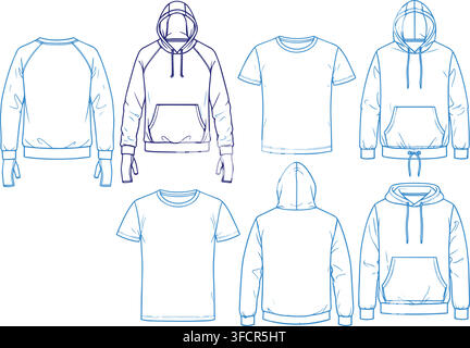 Kleidungs-Kollektions-Linienkunst-Set mit blauen Hoodies, T-Shirts und Pullovern für modernes Modebekleidungsdesign. Stock Vektor