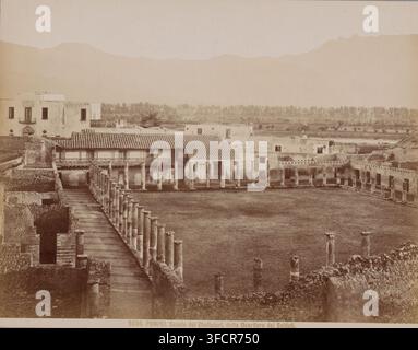 Schule der Gladiatoren, genannt Soldatenviertel, Überreste des Hauses der Gladiatoren in Pompeji, Pompeji, Fotografie, Nummer: '5036.', Fotograf: Giacomo Brogi zugeschrieben, Pompeji, Florenz, 1864 - 1881, Toskana, Zugeschrieben, Karton, Papier, Albuminprint, Höhe 195 mm x Breite 250 mm, Höhe 254 mm x Breite 355 mm, Ruine eines Gebäudes, Architektur, Landschaft mit Ruinen. Eine sepiafarbene Luftansicht zeigt eine archäologische Stätte mit Reihen von Steinsäulen, die einen großen offenen rechteckigen Innenhof umgeben, der mit Gras bedeckt ist. Entlang einer langen Seite eine überdachte Kolonnade mit Ziegeldach und Stockfoto