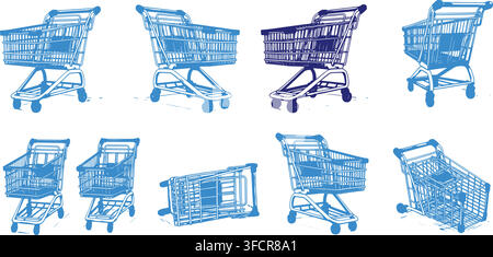 Einkaufswagen-Symbole mit blauen Linienillustrationen für den Einzelhandel-E-Commerce und die Kassennavigation im Laden. Stock Vektor
