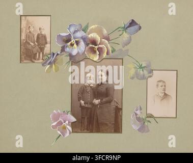 Porträt von zwei Kindern, Porträt einer Frau und eines Kindes und Porträt eines Jungen, Albumbild, Fotografie, Diese Seite ist Teil eines Albums., Maler: anonym, 1872 - 1897, Fotograf, Papier, Farbe (Beschichtung), Wasserfarbe (Farbe), Deckfarbe, Albumen-Druck, Pinsel, Handfärbung, Höhe 402 mm x Breite 314 mm, Junge (Kind zwischen Kleinkind und Jugend), erwachsene Frau, Kind., Ein hellgrüner Hintergrund mit drei rechteckigen sepiafarbenen Porträtfotografien, die darin eingesetzt sind, verbunden und teilweise umgeben von gemalten Stiefmütterchen in Schattierungen von Lila, Gelb und Creme mit grünen Stielen und Blättern; das größte Stockfoto
