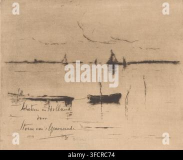 Ansicht der Maas, Skizzen in Holland (Originalserientitel auf dem Objekt), Druck, Titelseite, Text unten links: 'Skizzen in Holland von Storm van 's Gravesande'. , Druckgrafiker: Carel Nicolaas Storm van 's-Gravesande (vom Künstler signiert), Niederlande, 1884, Carel Nicolaas Storm van 's-Gravesande, Druckgrafiker, Papier, Kaltnadelradierung, Tiefdrucktechnik, Höhe 189 mm x Breite 226 mm, Fluss, Maas. , Eine sepiafarbene Skizze, die eine ruhige Wassermlandschaft mit schwacher horizontaler Horizontlinie und fernen Silhouetten von Segelbooten zeigt, die im Wasser gespiegelt sind, näher am Vordergrund ist ein kleines dunkles Ruderboot vertäut Stockfoto