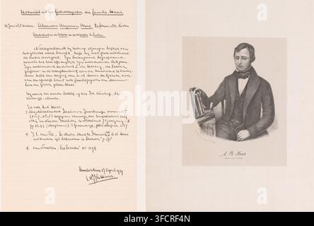 Portrait von AB Haas, Druck, Der Abgebildete trägt eine Brille. Vor ihm auf dem Tisch liegen Bücher und Schreibutensilien., Druckgraphiker: Ch. van Lier, Drucker (Person): Charles van Lier, Den Haag, 1809 - 1882, Papier, Chine kollé, Lithografie, Lithografie auf Chine kollé, Höhe 365 mm x Breite 275 mm, historische Personen (+ (vollständiges) Brustporträt), Schreibwerkzeuge, Augengläser, Brillen., Eine zweiseitige Doppelseite zeigt links liniertes Papier, das mit kursiver Handschrift in dunkler Tinte ausgefüllt ist und Signaturen am unteren Rand aufweist, während die rechte Seite ein sepiafarbenes Porträt eines sitzenden Mannes zeigt, der einen dunklen Anzug trägt, Stockfoto