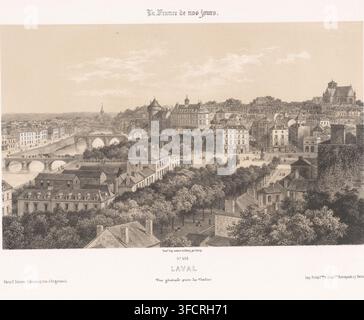 Blick auf Laval vom Viadukt, Laval. Vue générale prize du Viaduc, Zeitgenössisches Frankreich, La France de nos jours, Druck, Seriennummer, 468, 475, Drucker: Isodore-Laurent Deroy, Paris, Laval, Drucker (Person): Frick frères, Verleger: F. Sinnett, 1861 - 1872, Drucker (Person), Papier, Tonlithographie, Höhe 290 mm x Breite 434 mm, Stadtansicht im Allgemeinen, 'veduta', Brücke in der Stadt über einen Fluss, Kanal. Eine weitläufige sepiafarbene Stadtlandschaft aus einem erhöhten Blickwinkel zeigt Reihen von Gebäuden mit unterschiedlichen Dachlinien, Schornsteinen und Fenstern, von Bäumen gesäumte Straßen und einen großen offenen Platz mit kleinen Gruppen von Stockfoto