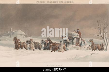 Kutsche im Schnee stecken, Festgefahren, Kutschenunfälle, Fores's Kutschenunfälle, Druck, Seriennummer, 2, Druckgrafiker: Edward Duncan, nach einem Gemälde von Charles Cooper Henderson, Verleger: Fores, George Thomas & Arthur Blücher, London, Verleger: Ernest Gambart, Paris, 1843-11, Edward Duncan, Charles Cooper Henderson, Fores, Ernest Gambart, Druckgrafiker, nach einem Gemälde von, Verleger, Papier, Aquatinta, handkoloriert, handkoloriert, Höhe 388 mm x Breite 642 mm, Schnee, vierrädriges Fahrzeug, das von mehr als drei Tieren gezogen wird., Eine verschneite ländliche Szene mit einer großen Kutsche, die im tiefen Schnee steckt, umgeben von Stockfoto