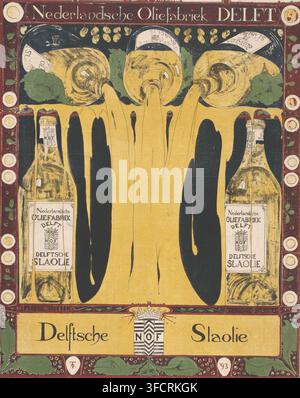 Nederlandsche Oliefabriek Delft Delftsche Slaolie (Originaltitel auf dem Objekt), Plakat, Affiche für Delftsche Slaolie., Designer: Theo Nieuwenhuis, 1893, Papier, Farblithografie, Höhe 610 mm x Breite 490 mm, Werbung, Hinweis, Öl, Essig, Saucen., Ein vertikales plakatartiges Bild mit einem dekorativen Rahmen, der kreisförmige Motive und blättrige Designs aufweist, die eine zentrale Szene umgeben, in der drei große Flaschen oben eine dicke goldene Flüssigkeit nach unten gießen, die eine fließende Kaskade bildet, die dunkle, unregelmäßige vertikale Formen gegen einen senfgelben Hintergrund erzeugt, flankiert auf jeder Seite von hohen Flaschen mit Stockfoto