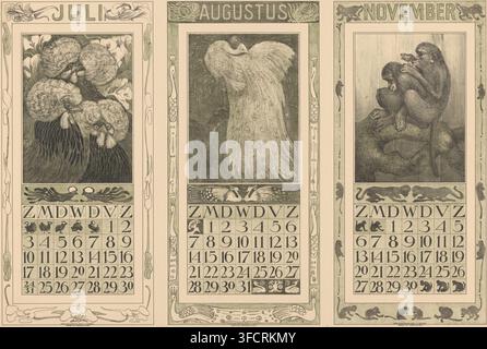 Kalender für Juli, August und November 1910, Druck, Druckgrafiker: Theo van Hoytema, Den Haag, Verleger: Ferwerda en Tieman, Firma, Amsterdam, Drucker (Person): Tresling & Comp., 1910, Drucker (Person), Papier, Farblithografie, Lithografie in Schwarz und Grün, Probendruck auf ungeschnittenem Blatt, Höhe 521 mm x Breite 702 mm, Affen, Menschenaffen, Ziervögel: Pfau, Kalender, Almanach. Drei vertikale Paneele mit dekorativen Bordüren sind nebeneinander dargestellt. Das linke Panel zeigt eine detaillierte Zeichnung von drei Vögeln mit kunstvollem, rundem Kopfgefieder vor einem Blattwerk, über einem Raster von quadratischen Datumsfeldern. Stockfoto