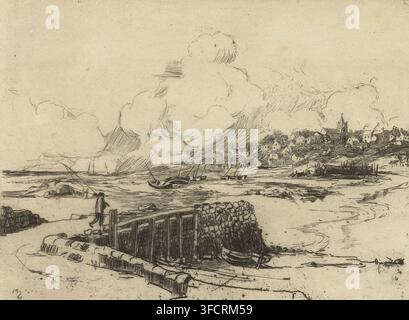 Ansicht von Fischerbooten in Inverkeithing, Inverkeithing, von Cruickness, Druck, Annotation: 'Martin Hardie', Druckgrafiker: Martin Hardie (vom Künstler signiert), 1905, Fife, Papier, Radierung, Höhe 152 mm x Breite 204 mm, Aussicht auf das Dorf, Silhouette des Dorfes (+ Stadt(-bild) mit Figuren, Staffage), Meer (Meereslandschaft) (+ Landschaft mit Figuren. Eine detaillierte Tuschezeichnung zeigt eine Küstenszene mit einer Uferlinie im Vordergrund, die einen hölzernen Steg oder Wellenbrecher aus Planken und gestapelten Steinen aufweist, ein kleines Boot, das daneben gezogen ist, und eine einsame Figur, die einen Weg nahe der Struktur entlanggeht. Der Mittelgrund Stockfoto