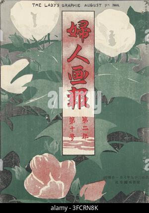 Die grafische Dame, Fujin gaho, August 1906, Buch, Zeitschrift, Ausgabe 10 des zweiten Bandes (August 1906) der Zeitschrift Fujin gaho: Cover mit Bild von weißen und rosa Blumen zwischen grünen Blättern, roter und weißer Titelstreifen oben in der Mitte, innen, Frontispiz einer Landschaft mit einem Mann am Fluss., Graphiker: Mitsutani Kunishiro, Japan, 1906-08-01 - 1920-08-01, Mitsutani Kunishiro, Graphiker, Papier, Buchdruck, Lithographie, Höhe 252 mm x Breite 185 mm., Ein vertikal orientiertes gedrucktes Cover mit einem zentralen rechteckigen Feld, das stilisierte vertikale Zeichen in einer dunklen rötlichen Farbe enthält Stockfoto